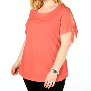 NWT Karen Scott Women's Coral Peek A Boo Tie Shoulder T-Shirt Top Plus Size 2X